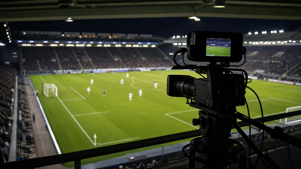 Fotballarena med flomlys før TV-sendt kamp